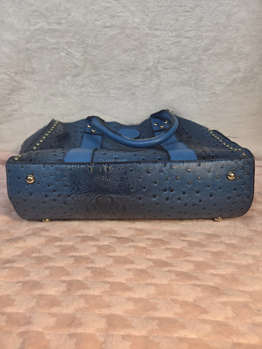 Blue Textured Tote Handbag with Stud Accents